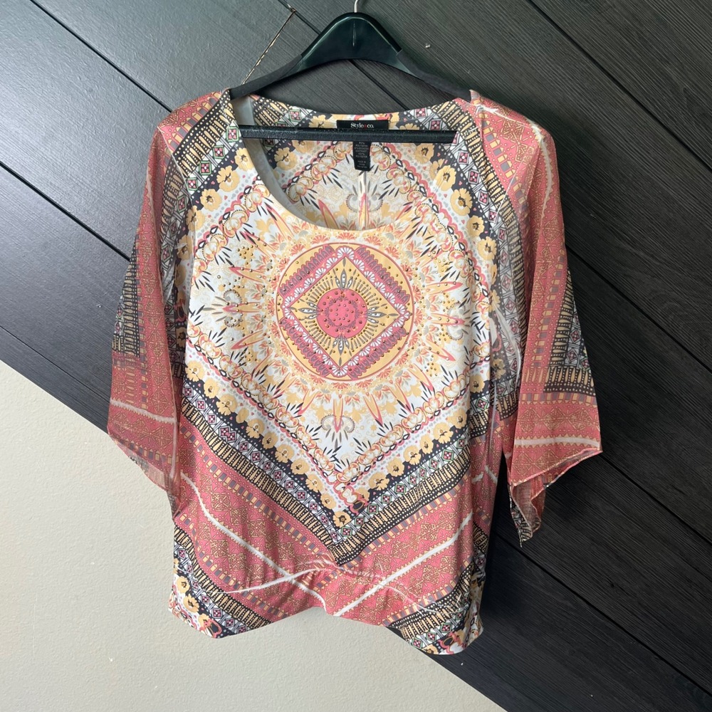 Style & Co. Women's Embellished Boho Kimono Sleeve Blouse Medium Pink 3/4